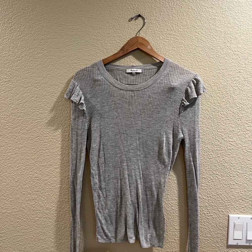 Madewell Gray Ribbed Long Sleeve Top with Ruffle Detail